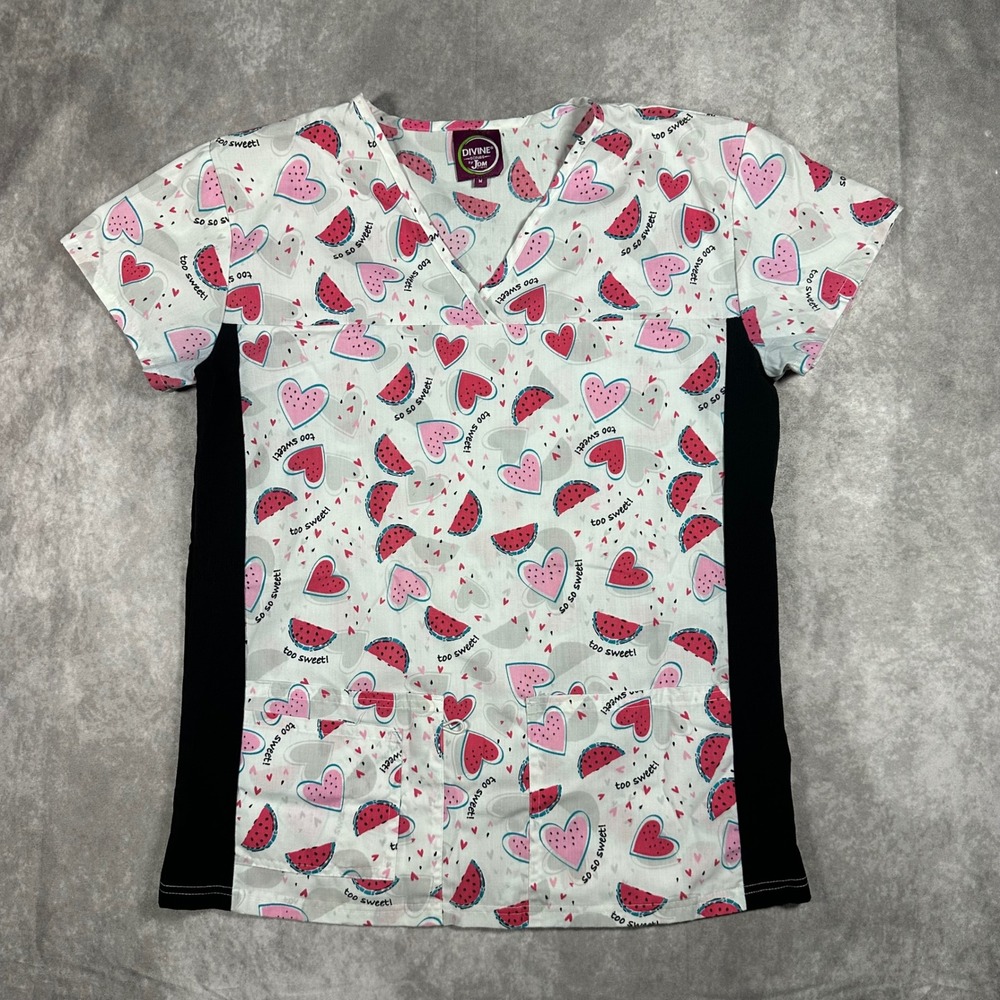 Divine Scrubs Womens M Watermelon Heart Print V-Neck Scrub Top White Nursing